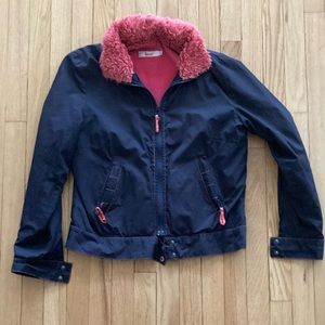 Dark Blue, pink and ren inside Jacket with hood.